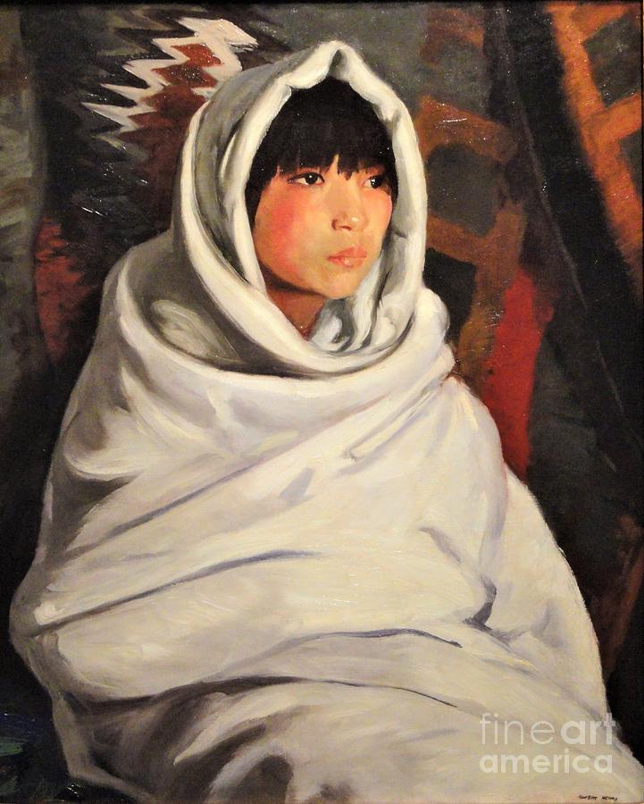 Native American Painting - Indian girl in white blanket by Thea Recuerdo