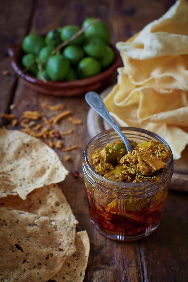 Indian Mango Pickle With Poppadoms Photograph by Clive Streeter