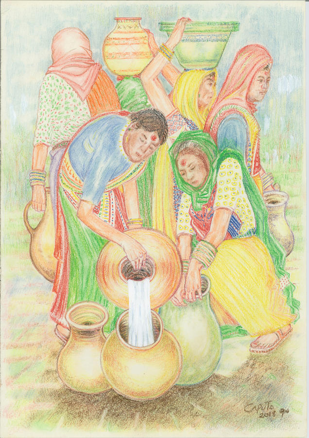 Indian Pot Carriers and Water Pourers Pastel by Giovanni Caputo
