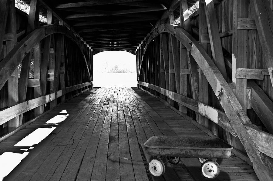 Indiana Covered Bridge With Red Wagon Photograph by Larry Butterworth