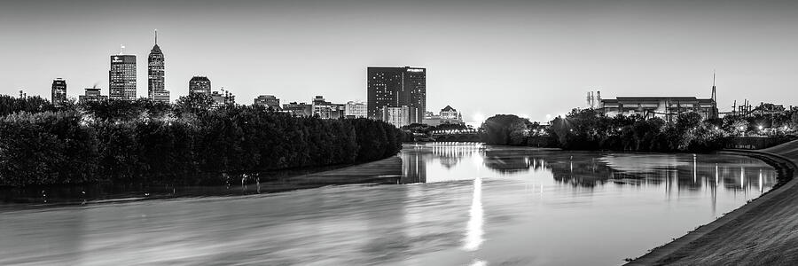 Indianapolis Panoramic Skyline - White River Black And White Photograph