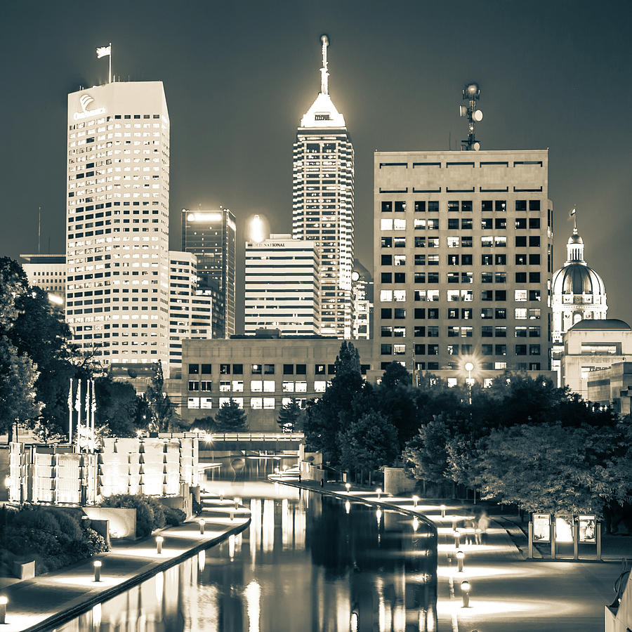 Indianapolis Skyline Photograph - Indianapolis Skyline Night Glow - Square Sepia Edition by Gregory Ballos