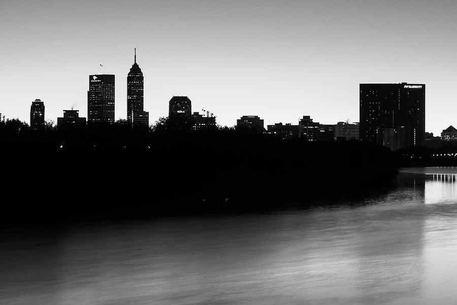 Indianapolis Skyline Photograph - Indianapolis Skyline Silhouettes Over The White River - Monochrome by Gregory Ballos