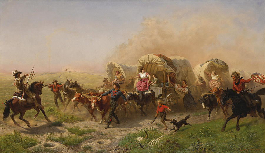 Indians attacking a Wagon Train Painting by Emanuel Gottlieb Leutze