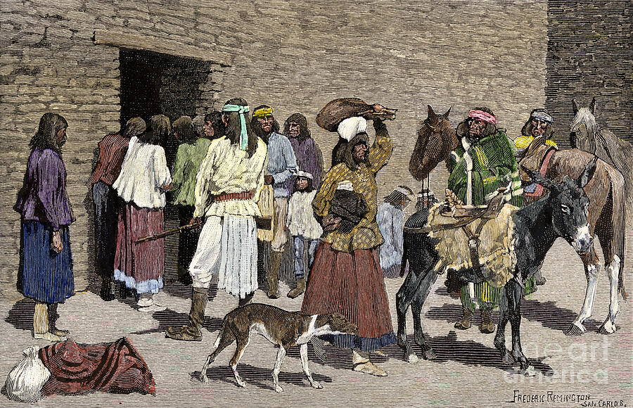 Vintage Drawing - Indians Of America Apaches Receiving Beef Rations From Indian Agents In The Reserve Of San Carlos, Arizona, 1890 Years Colour Engraving From An Illustration By Frederic Remington by American School
