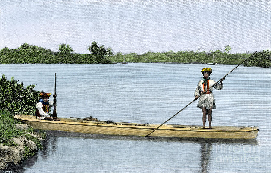Vintage Drawing - Indians Of America Seminoles In A Monoxyl Canoe Made In A Strain Of Cypers, Florida, 19th Century Coloured Engraving Of The 19th Century by American School