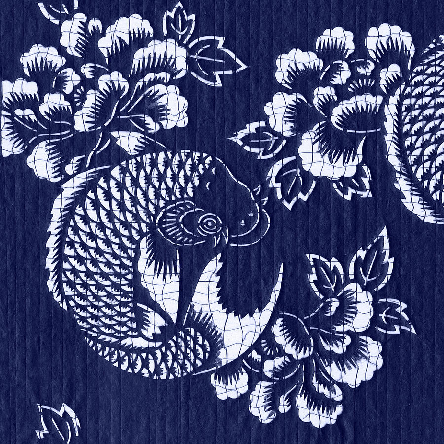 Fabric Painting - Indigo Carp Katagami I by Vision Studio