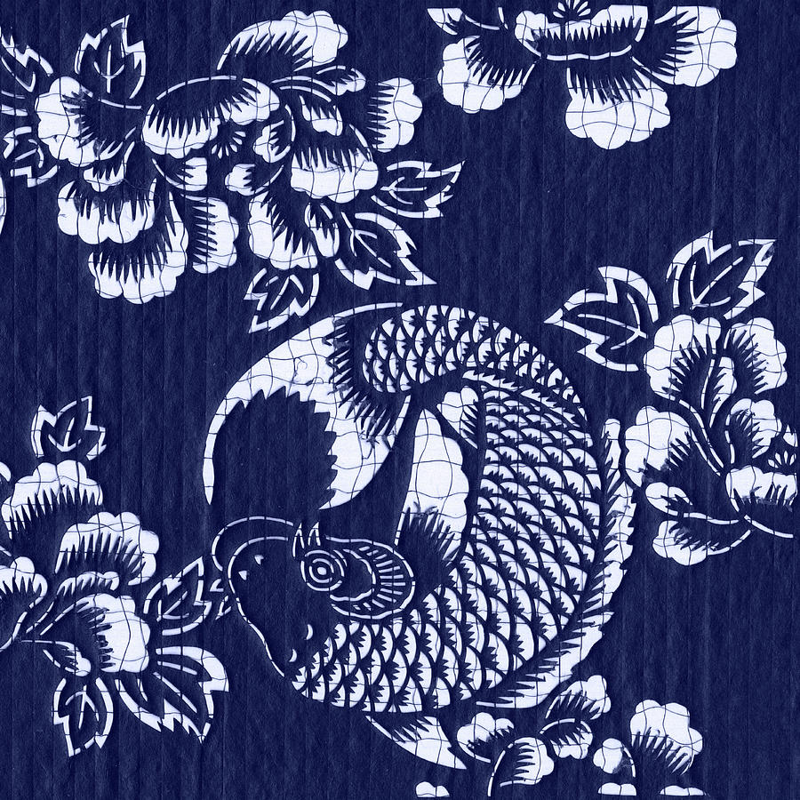 Fabric Painting - Indigo Carp Katagami IIi by Vision Studio