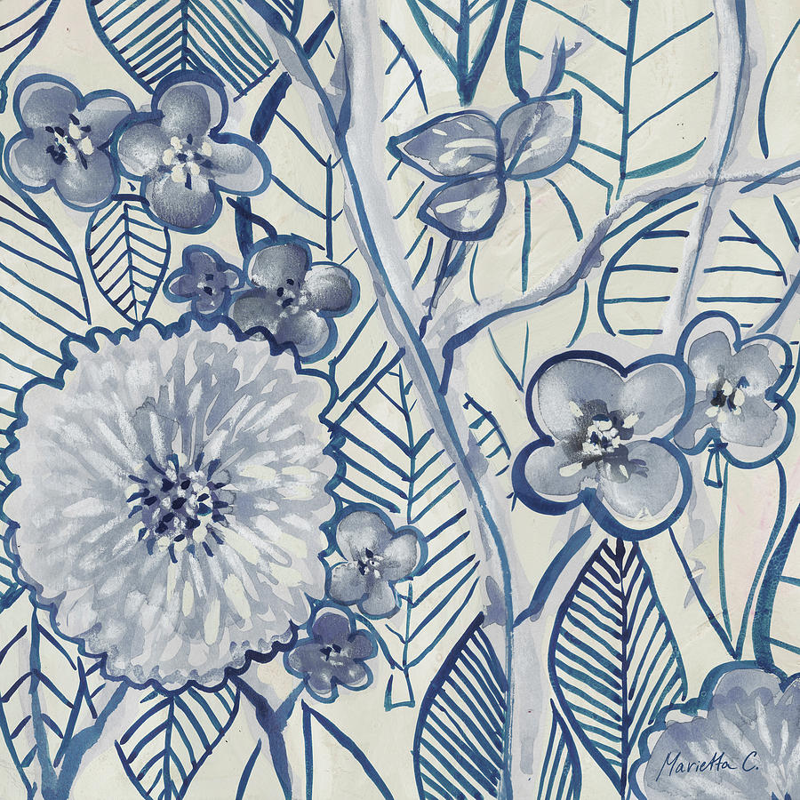 Flower Mixed Media - Indigo Leaves And Florals 2 by Marietta Cohen Art And Design