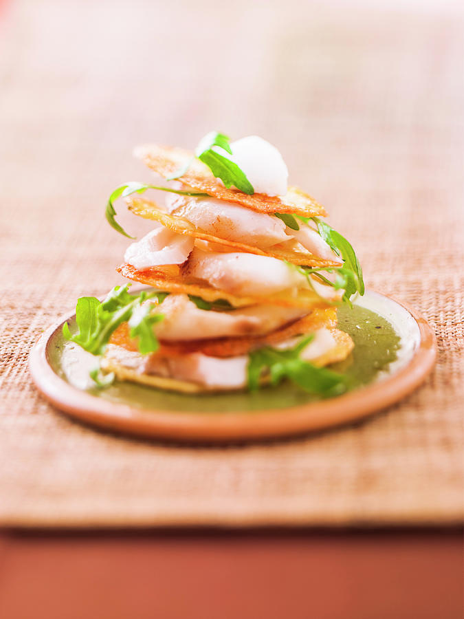 Individual Cod And Rocket Lettuce Crisp Mille-feuille Photograph by Nicolas Edwige