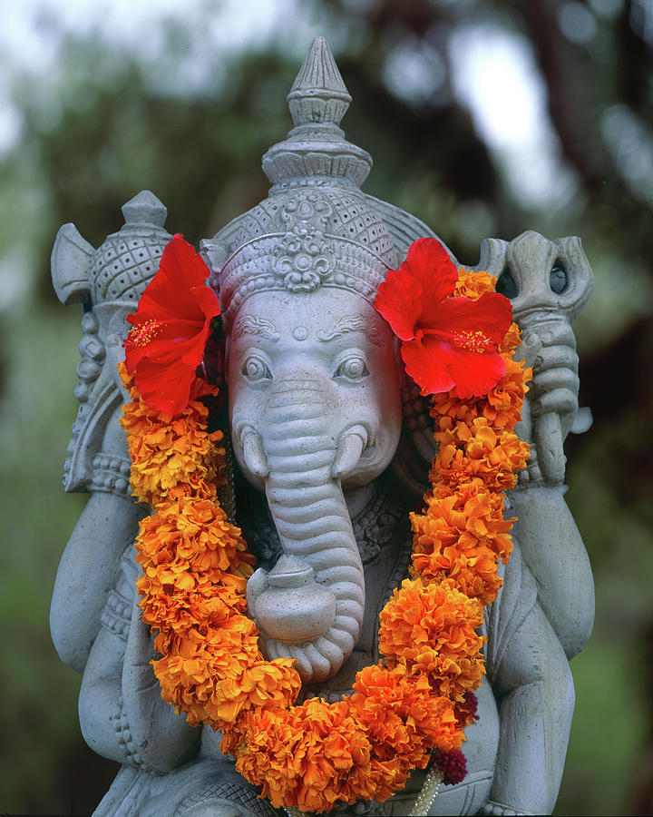 Indonesia, Bali Garland On Statue Photograph by Jaynes Gallery - Pixels