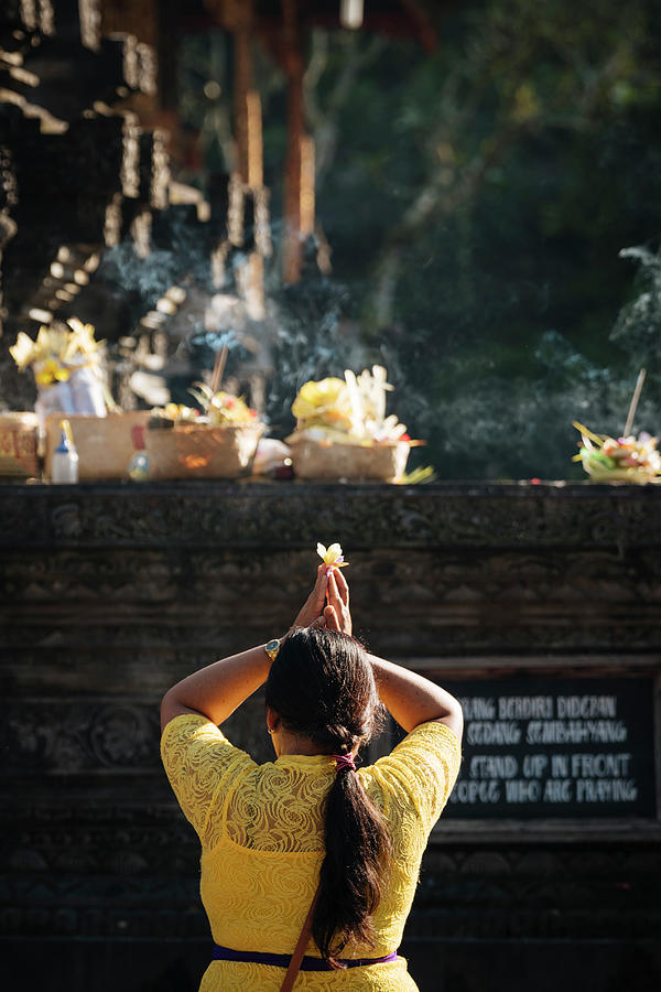 Indonesia, Bali Island, Bali, Ubud, Woman Praying At Pura Tirta Empul Temple, Ubud Digital Art by Ben Pipe