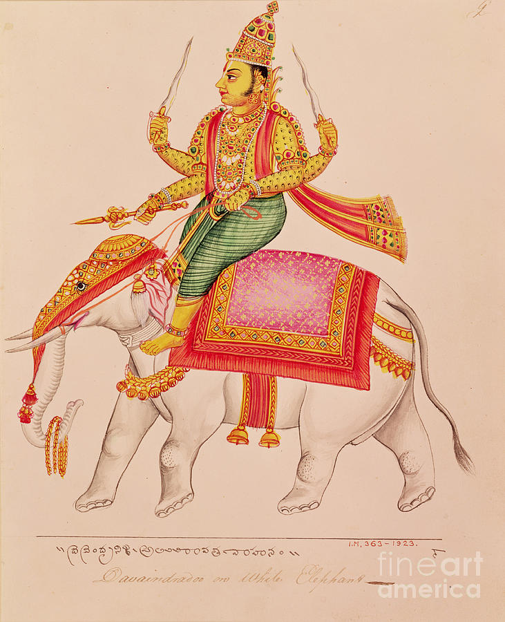 Indra, God Of Storms, Riding On An Elephant Painting by Indian School