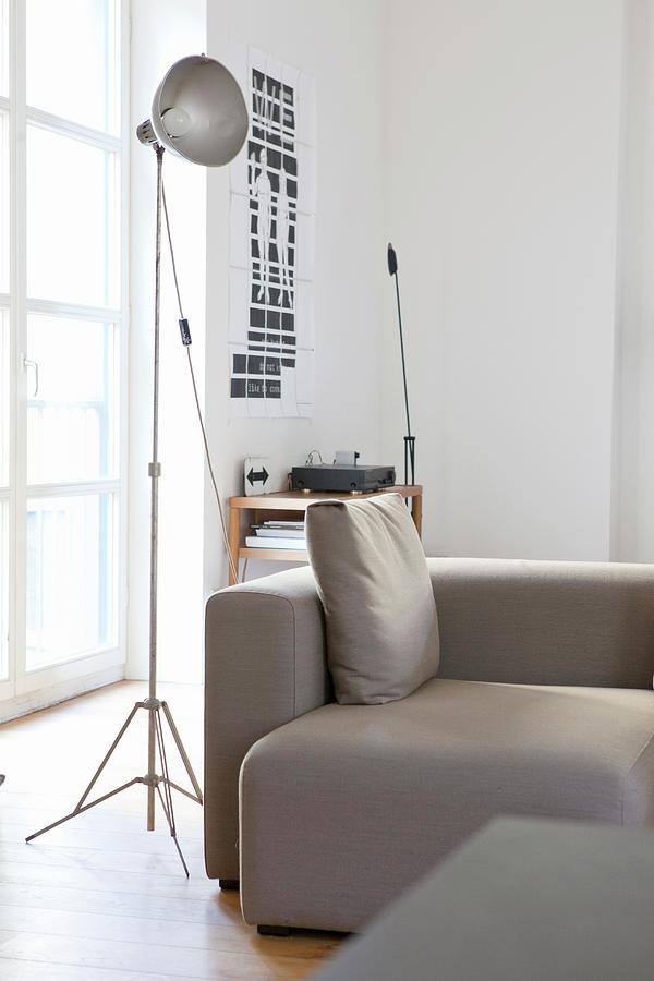 Industrial Lamp Next To Grey Sofa In Urban Loft Apartment Photograph by Anne-catherine Scoffoni