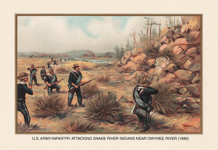 Infantry Attcking Snake River Indians Near Owyhee River, 1880 Painting by Arthur Wagner