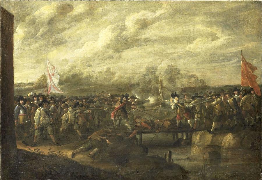 Infantry Battle at a Bridge. Painting by Nicolaas van Eyck -I- -attributed to-