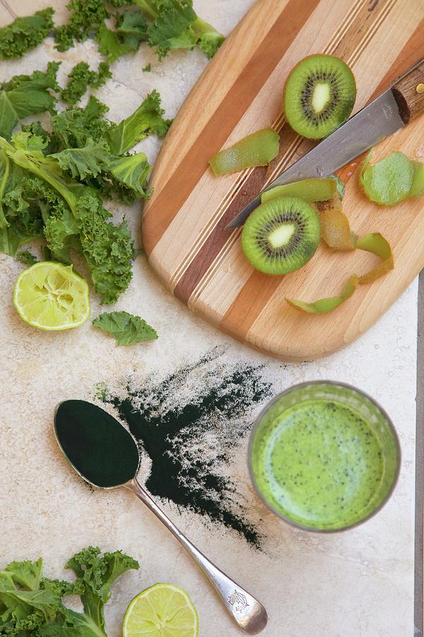 Ingredients For A Green Fruit And Vegetable Drink With Algae Powder Photograph by Joy Skipper Foodstyling