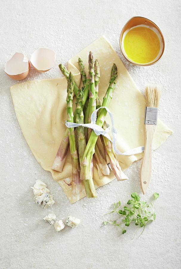 Spring Photograph - Ingredients For A Puff Pastry Cake With Green Asparagus And Gorgonzola by Great Stock!