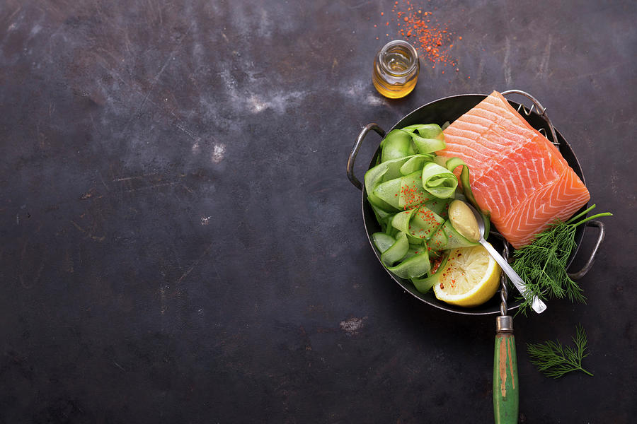 Ingredients For A Salmon Dish With Cucumber Photograph by Eising Studio