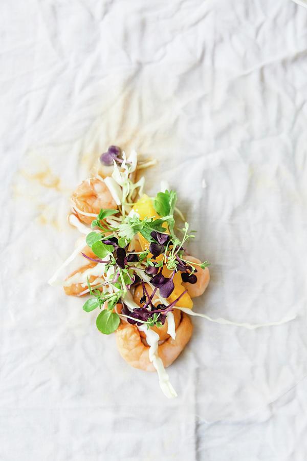 Ingredients For Asian Summer Rolls With Shrimps And Herbs top View Photograph by Sabine Steffens