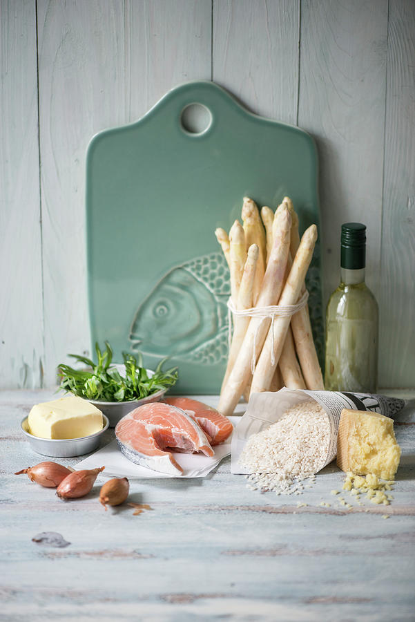 Ingredients For Asparagus Risotto With Salmon Steak Photograph by Fotografie-lucie-eisenmann