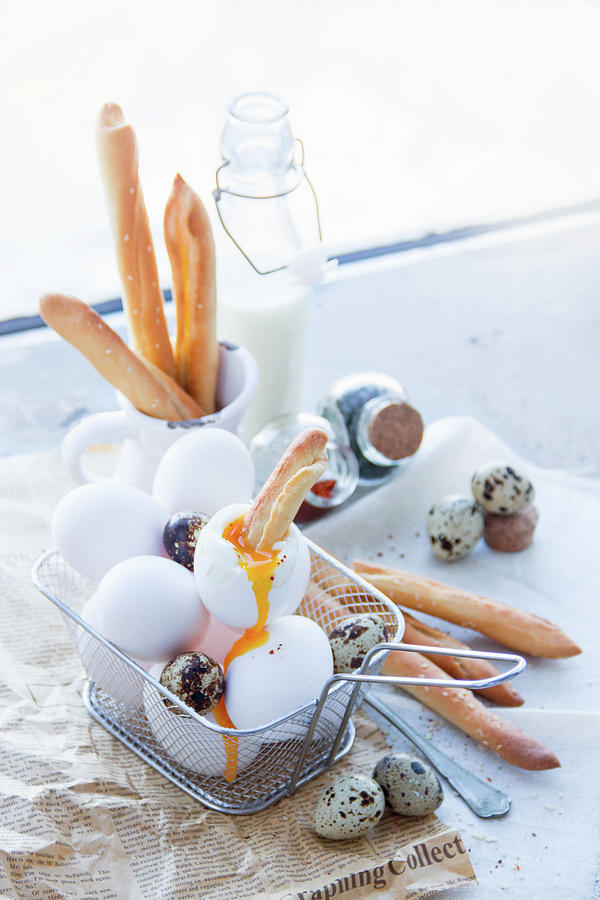 Ingredients For Breakfast: Boiled Eggs, Milk, Spices And Breadsticks Photograph by Lana Konat