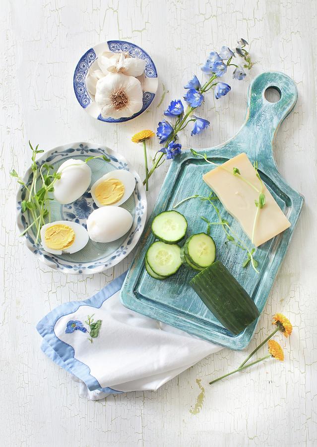 Ingredients For Cheese And Garlic Salad: Hard-boiled Eggs, Cucumbers, Cheese And Garlic Photograph by Yelena Strokin
