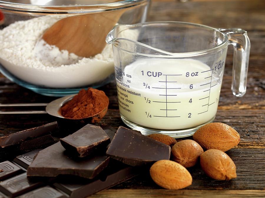 Ingredients For Chocolate And Almond Tart Photograph by Robert Morris