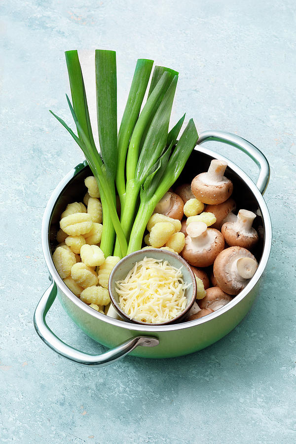 Ingredients For Gnocchi With Mushroom Cream Sauce one Pot Pasta Photograph by Mathias Neubauer / Stockfood Studios