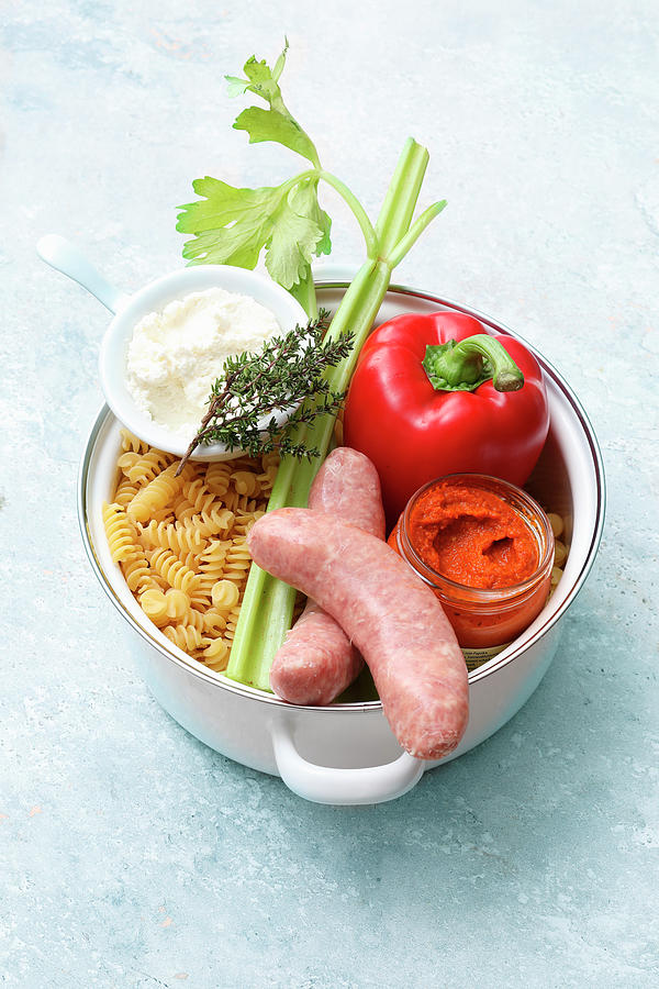 Ingredients For Pepper Fusilli With Sausage one Pot Pasta Photograph by Mathias Neubauer / Stockfood Studios
