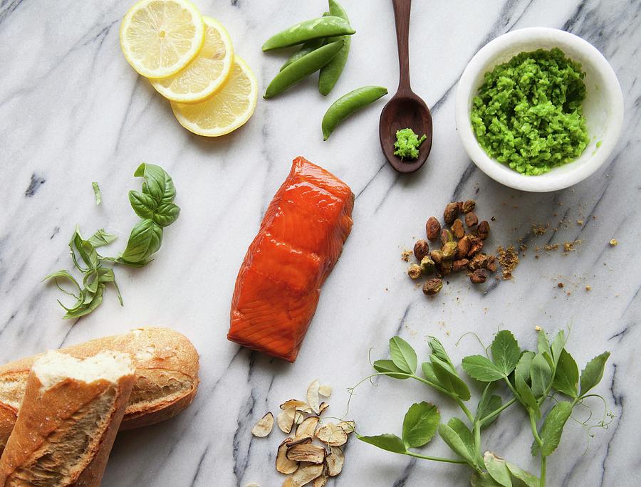 Ingredients For Salmon Crostini With Mashed Peas Photograph by Annie Kuster