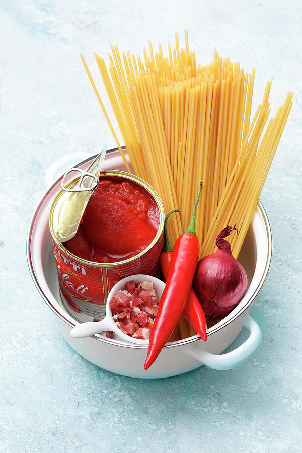 Ingredients For Spaghetti In Bacon And Tomato Sauce one Pot Pasta Photograph by Mathias Neubauer / Stockfood Studios