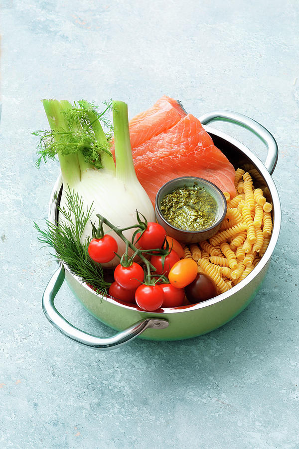 Ingredients For Spirelli With Salmon, Fennel And Pesto one Pot Pasta Photograph by Mathias Neubauer / Stockfood Studios