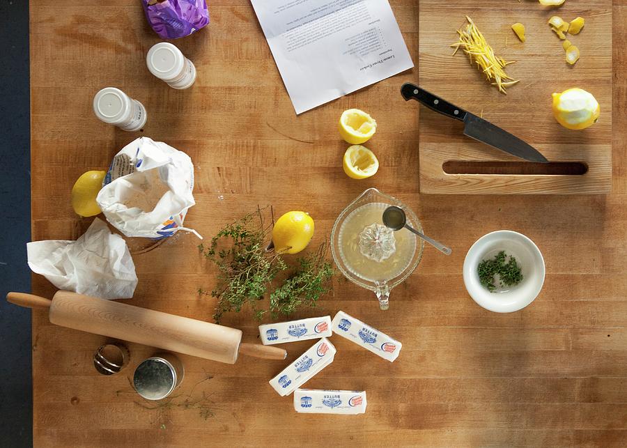 Ingredients For Thyme Butter Biscuits Seen From Above Photograph by Rene Comet