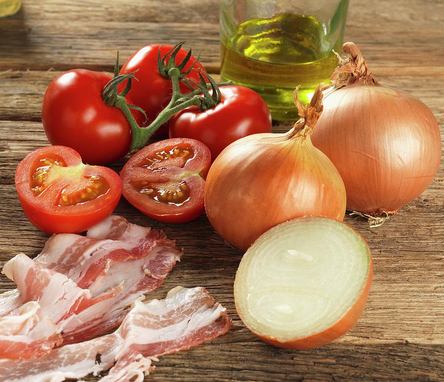 Ingredients For Tuscan Pasta Sauce onions, Tomatoes, Bacon, Olive Oil Photograph by Robert Morris