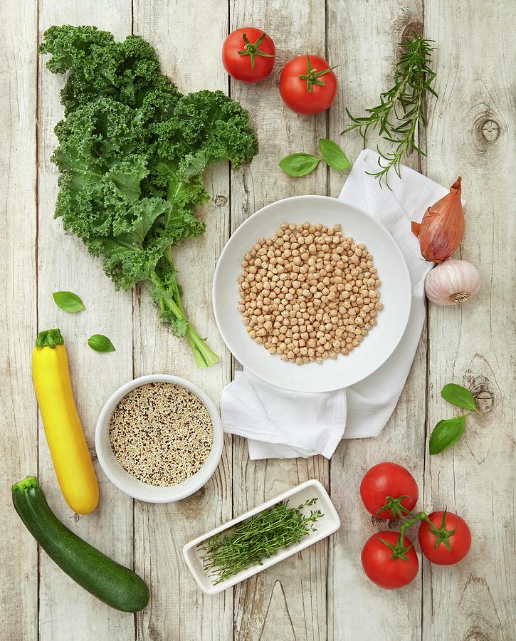Ingredients For Vegan Minestrone: Kale, Quinoa, Tomatoes, Courgette And Chickpeas Photograph by Jkey Photo
