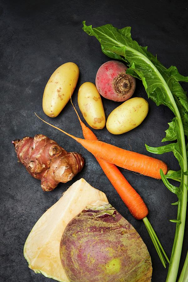 Ingredients For Vegan Vegetables carrots, Beetroot, Tonda Di Chioggia, Dandelion, Potatoes, Jerusalem Artichoke Photograph by Kai Schwabe