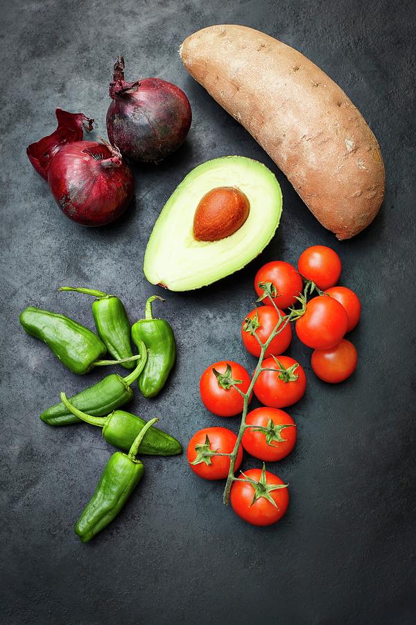 Ingredients: Sweet Potato, Red Onion, Cherry Tomatoes, Pimientos De Padron And Avocado vegan Photograph by Kai Schwabe
