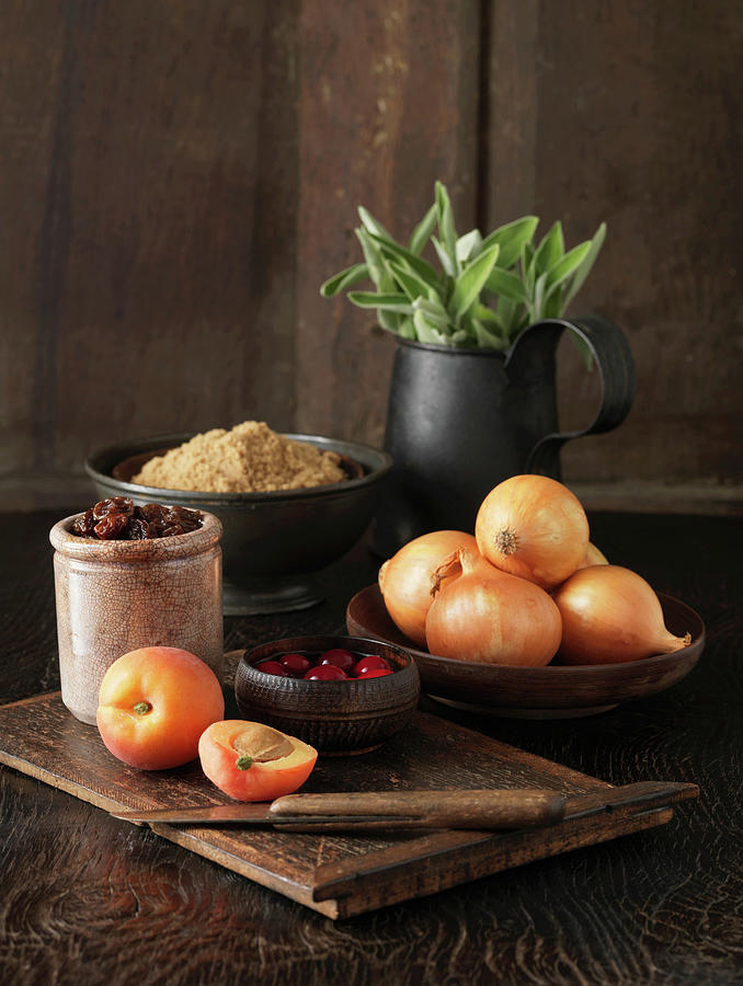 Onion Digital Art - Ingredients To Make Stuffing For Free Range Double Stuffed Oakham Chicken. Apricots, Cranberries, Brown Onions, Demerara Sugar And Fresh Sage by Diana Miller