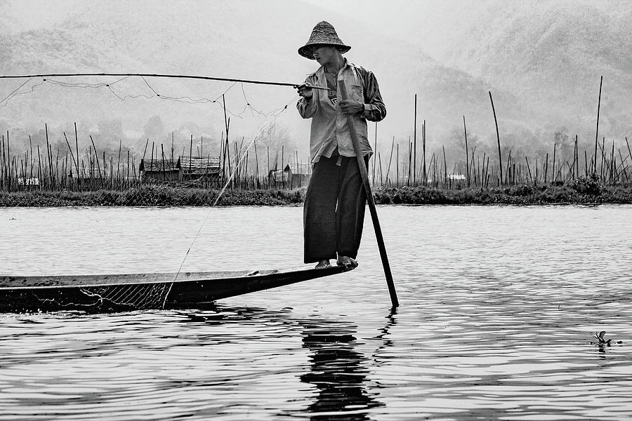 Inle Lake fisherman BW3 Photograph by Mache Del Campo