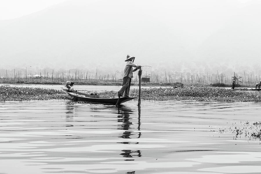 Black And White Photograph - Inle Lake fisherman BW5 by Mache Del Campo