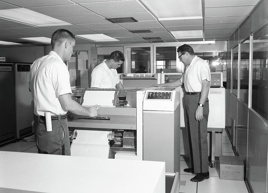 Inmates with IBM printer , IBM Spectra 70 Printer 1960 Painting by Celestial Images