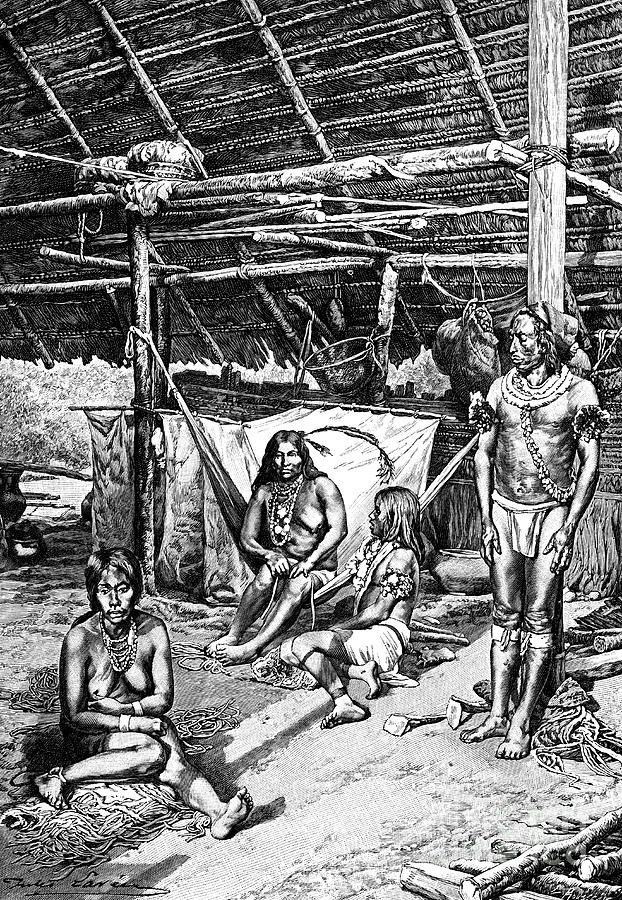 Inside A Ticuna Hut, South Ameriica Drawing by Print Collector