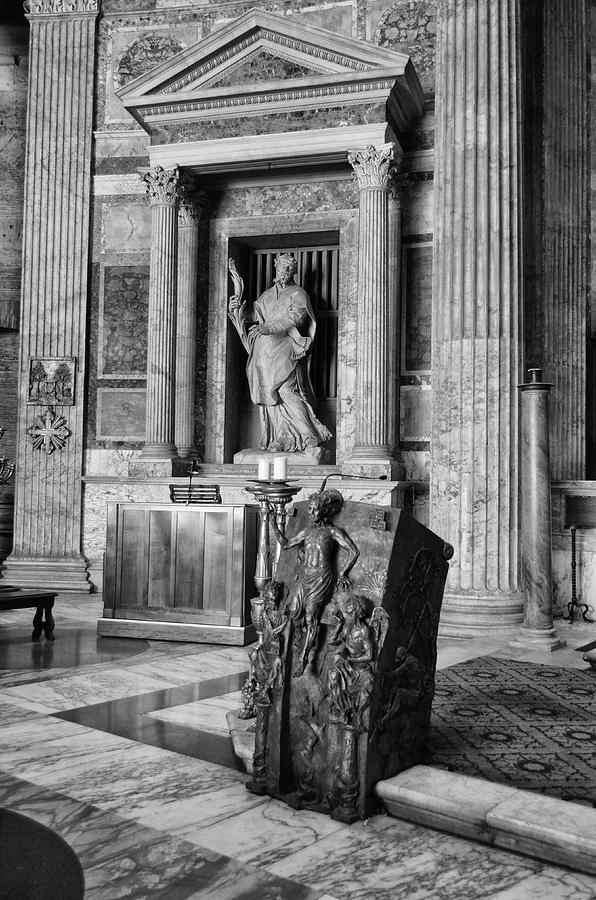 Inside the Pantheon Alter Lectern and Alcove Sculpture Rome Italy Black and White Photograph by Shawn OBrien