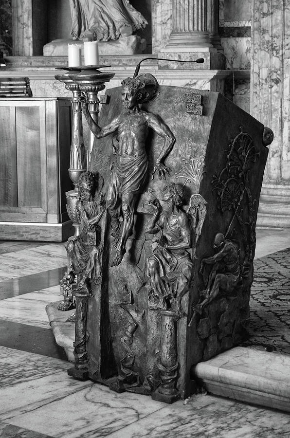 Inside The Pantheon Bronze Alter Lectern Sculpture Rome Italy Black and White Photograph by Shawn OBrien