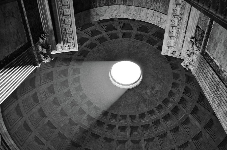Inside the Pantheon Dome Oculus and Light Stream Rome Italy Black and White Photograph by Shawn OBrien