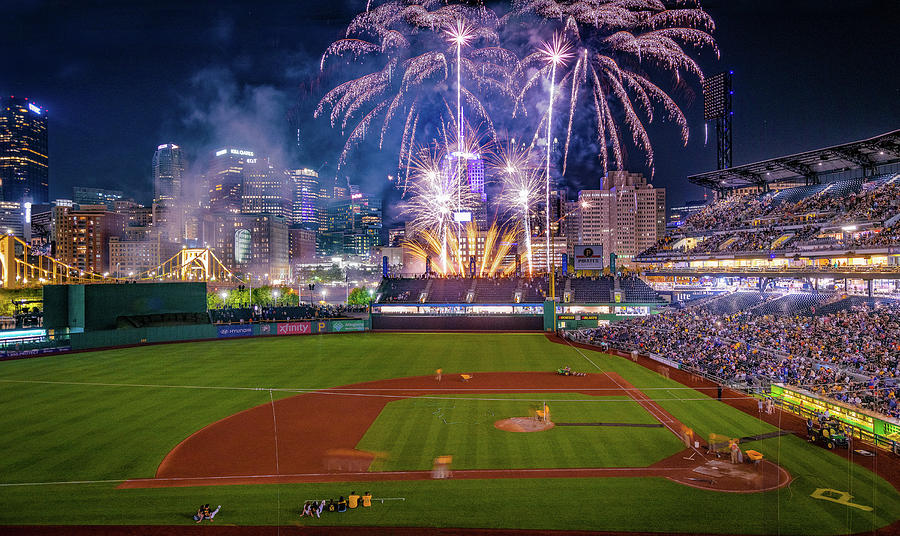 Pnc Park Fireworks In Gold by RJ Stein Photography