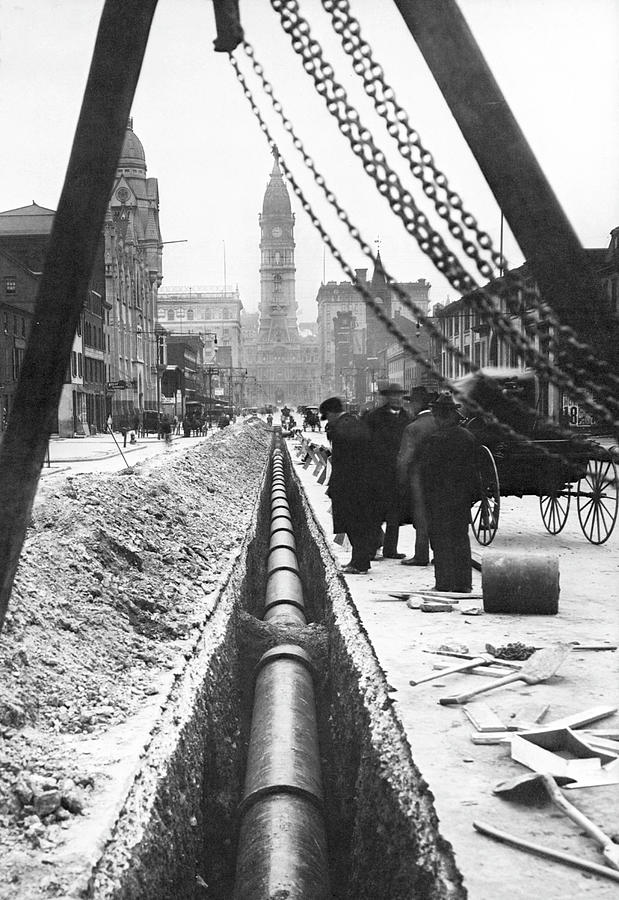 Installing a Water Pipe, North Broad Looking South, Philadelphia, PA Painting by Unknown
