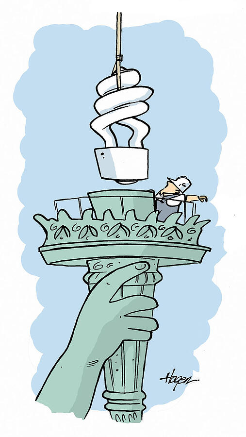 Installing An Energy Efficient Light Bulb In The Statue Drawing by Ralph Hagen Installing An Energy Efficient Light Bulb In The Statue Drawing by Ralph Hagen