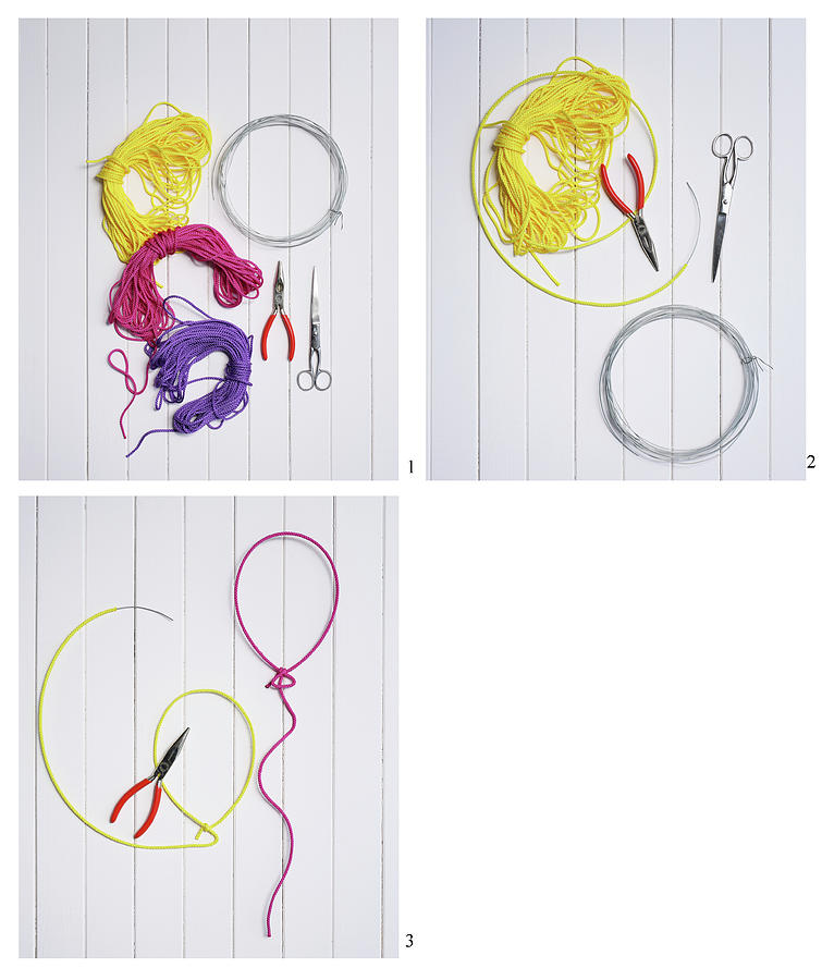 Instructions For Making Balloon-shaped Wall Decorations From Wire And A Knitted Tube Photograph by Thordis Rggeberg